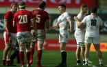 Le 2e ligne gallois Alun Wyn Jones (3e g) serre la main du trois quarts centre anglais Owen Farrell, à la fin de leur match de Coupe d'Automne des nations, le 28 novembre 2020 à LLanelli