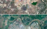 Photo créée à partir des images satellites fournies par Planet Labs PBC et reçues le 30 septembre 2025 qui montre le complexe KK Park à Myawaddy en Birmanie face au district de Mae Sot en Thaïlande, le 2 mars 2025 (en haut) et le 18 septembre 2025 (en bas)