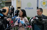 La cheffe de la diplomatie allemande Annalena Baerbock fait une déclaration à la presse en marge de la réunion des ministres des Affaires étrangères des Etats du G7, le 18 avril 2024 à Capri, en Italie