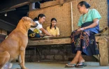 La noble Tamu Rambu Margaretha (d), figure locale de la lutte pour briser l'escavagisme, et deux de ses servantes qui préparent le repas, au village de Prailiu à Waingapu, le 24 juin 2026 en Indonésie