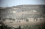 Des Palestiniens portent des sacs de nourriture distribuée par la Fondation humanitaire de Gaza (GHF), soutenue par les Etats-Unis et Israël, le 2 août 2025 près du camp de réfugiés de Nousseirat, dans le centre de la bande de Gaza