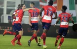 La joie des joueurs du Gazélec Ajaccio après le but de Mohamed Larbi contre Lyon, le 20 décembre 2015 au stade Ange Casanova