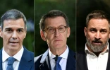 Le Premier ministre socialiste espagnol Pedro Sanchez (à gauche), le 29 juillet 2025 à Palma de Majorque), le chef du Parti populaire Alberto Nunez Feijoo (au centre), à Madrid le 28 juillet 2022, et celui du parti Vox Santiago Abascal, le 10 juillet 2023 à Madrid