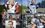 Montage de photo de colleurs d'affiches pour les 4 candidats en tête dans les sondages pour le premier tour, réalisé le 15 avril 2017: Jean-Luc Mélenchon, Marine Le Pen, François Fillon et Emmanuel Macron