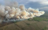 Photo aérienne, prise le 10 mai 2024 avec l'autorisation de l'Alberta Wildfire Service, de la fumée des incendies qui brûlent dans la zone forestière de Grande Prairie, en Alberta, au Canada