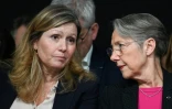 La Première ministre Elisabeth Borne (d) et la présidente de l'Assemblée nationale Yaël Braun-Pivet au congrès du parti Horizons, à Paris, le 25 mars 2023 