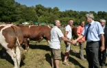 Le ministre de l'Agriculture Stéphane Le Foll (d) rencontre des agriculteurs le 27 août 2016, à Mareil-en-Champagne (nord-ouest)