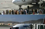 Combinaison de photos à l'aéroport de Kaboul le 16 août 2021, en pleine évacuation post-prise de pouvoir taliban, et le 10 août 2022