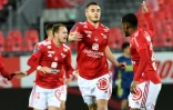 Le défenseur brestois Brendan Chardonnet célèbre son but, lors du match de L1 contre Lyon, le 19 février 2021 au stade Francis Le Blé