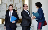 Le Premier ministre Manuel Valls, le président Francois Hollande et la ministre du Travail Myriam El Khomri à l'issue du conseil des ministres le 25 mai 2016 à l'Elysée à Paris