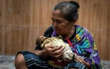 Une femme toraja tient le corps exhumé de son bébé décédé en 1988, lors du rituel traditionnel du Manene à Pangala, dans le sud de l'île des Célèbes, le 27 août 2024 en Indonésie