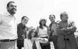 (g-d) Vittorio Gassman, Serge Reggiani, Stefania Sandrelli, Marie Trintignant et Ugo Tognazzi (d), les acteurs du film "La Terrazza" (La Terrasse), du  réalisateur italien Ettore Scola, le 11 mai 1980 au Festival de Cannes