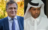 L'ancien secrétaire général de la Fifa, Jérôme Valcke (g), à Lausanne, le 11 octobre 2017, et le président qatari du Paris-SG, Nasser Al-Khelaïfi, à Doha, le 15 janvier 2019