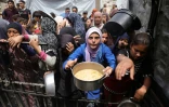 Des Palestiniens se pressent à une distribution de repas à Beit Lahia, dans le nord de la bande de Gaza menacée d'une "famine de masse" selon des ONG, le 15 mai 2025