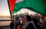 Un groupe de manifestants brandit des drapeaux palestiniens sur le pont de Brooklyn à New York, le 7 novembre 2023