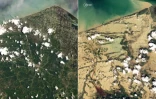 Montage avec deux images d'Aceh du Nord en Indonésie prises par satellite les 6 septembre et 30 novembre 2025, diffusé par Planet Labs PBC et créé le 1er décembre 2025