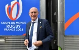 Le président de la Fédération française de rugby (FFR), Bernard Laporte, durant l'inauguration du train "We love 2023 tour" pour le lancement de la Coupe du monde 2023, à la gare de Lyon de Paris, le 8 septembre 2020
