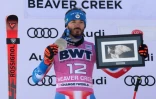 Le Français Cyprien Sarrazin sur le podium après sa deuxième place lors du Super-G de Beaver Creek (Colorado), le 7 décembre 2024