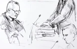(Archives) L'accusé Peter Madsen (assis) face au procureur Jakob Buch-Jepsen, dans un croquis d'audience publié le 8 mars 2018 par l'agence danois Scanpix