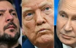 Portraits, de gauche à droite, des présidents ukrainien Volodymyr Zelensky, américain Donald Trump et russe Vladimir Poutine 