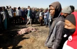 Foule réunie autour du corp d'un jeune homme à Vosloorus, dans la banlieue de Johannesbourg, en Afrique du Sud, le 14 juillet 2021