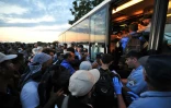 Des migrants se bousculent pour monter dans un autobus à Baptska  en Croatie à la frontière avec la Serbie, le 23 septembre 2015