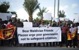 Manifestataion de Sri Lankais habitant les Maldives à l'arrivée du président Gotabaya Rajapaksa fuyant son pays, le 13 juillet 2022
