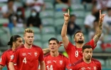 La joie de l'attaquant suisse Haris Seferovic, après avoir ouvert le score contre la Turquie, lors de la 3e journée du groupe A à l'Euro 2020, le 20 juin 2021 à Bakou (Azerbaïdjan)