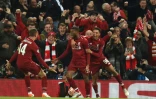 La joie des joueurs de Liverpool après le 3e but inscrit par Georginio Wijnaldum (c) à Anfield, le 7 mai 2019