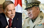 Un photomontage créé le 26 mars 2019 montre le président algérien Abdelaziz Bouteflika (G) lors d'une visite le 1er avril 2016, et le chef d'état-major de l'armée Ahmed Gaïd Salah à l'aéroport international d'Alger le 20 mars 2014
