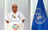 Le Premier ministre de Tuvalu, Feleti Teo, lors de la séance d'ouverture de la troisième Conférence des Nations Unies sur les océans (UNOC3) à Nice, le 9 juin 2025 dans le sud-est de la France