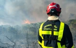 Un pompier dans le département de l'Aude près de Ribaute et de Saint-Laurent-de-la-Cabrerisse, dans l'Aude, le 7 août 2025