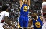 Stephen Curry, N.30 des Golden State Warriors, tire face aux Trail Blazers, le 9 mai 2016 à Portland