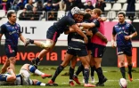 La joie des joueurs du Stade Français après un essai contre Castres au stade Jean-Bouin à Paris, le 11 mars 2018