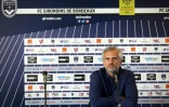 Le pésident des Girondins de Bordeaux Stéphane Martin lors d'une conférence où il annonce la mise à pied de son entraîneur Gustavo Poyet, le 17 août 2018 au Haillan