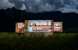 Affiches de campagne des opposants à l'interdiction des pesticides de synthèse, à Vouvry, en Suisse, le 6 juin 2021