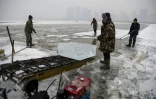 Des travailleurs utilisent un tapis roulant pour transporter des blocs de glace découpés dans la rivière Songhua, le 12 décembre 2019 à Harbin, en Chine