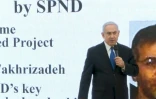 Capture d'écran d'une vidéo AFP de la conférence de presse de  Benjamin Netanyahu, le 30 avril 2018 s'exprimant sur le programme nucléaire iranien avec une photo du scientifique iranien Fakhrizadeh