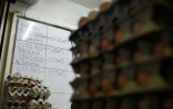 Des plateaux d'oeufs en vente assortis de leurs prix sur le marché de Chacao à Caracas le 7 juin 2018. 