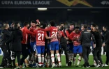 La joie des joueurs de Grenade, à la fin du 16e de finale retour de la Ligue Europa contre Naples, le 25 février 2021 au stade Diego Maradona