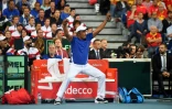 Le capitaine Yannick Noah euphorique lors du match de Coupe Davis face Ă l'Espagne Ă Villeneuve-d'Ascq, le 15 septembre 2018
