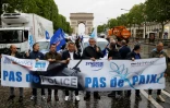 Des syndicats de police manifestent avec une banderole indiquant "pas de police pas de paix'' devant l'Arc de Triomphe, lors d'une manifestation de l'avenue des Champs-Élysées au ministère de l'Intérieur, le 12 juin 2020 à Paris