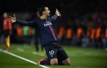La star suédoise du PSG Zlatan Ibrahimovic exulte après un but face à Chelsea en Ligue des champions au Parc des Princes, le 13 mai 2016 