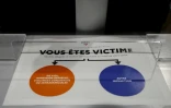 Une affiche à l'accueil d'un commissariat indiquant "Vous êtes victime de : viol ou agression sexuelle ou violence conjugale / Autre infraction" pour les victimes potentielles sans rendez-vous ou pour préciser leur grief, le 9 février 2024 à Bordeaux
