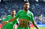 La joie de l'attaquant gabonais de Saint-Etienne Denis Bouanga, après son but contre Metz, le 6 mars 2022 à Geoffroy-Guichard