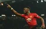 Le milieu français de Manchester United Paul Pogba vient de marquer contre Huddersfield, le 26 décembre 2018 à Manchester