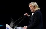 La présidente du Rassemblement national (RN) à l'Assemblée Marine Le Pen s'exprime lors d'un meeting du groupe parlementaire Patriotes pour l'Europe, le 8 février 2025 à Madrid