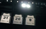 Les maillots retirés du "Big 3" formé par Tim Duncan, Manu Ginobili et Tony Parker, le 11 novembre 2019 à San Antonio