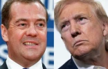 Ce combo montre, de gauche à droite, le Premier ministre russe de l'époque, Dmitri Medvedev, à Belgrade, le 19 octobre 2019, et le président américain Donald Trump à bord d'Air Force One le 29 juillet 2025