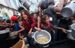 Des enfants palestiniens se bousculent pour recevoir un repas chaud à Nousseirat, dans la bande de Gaza, le 4 septembre 2025
